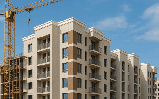 مجمع سكني حديث قيد الإنشاء في سوريا مع رافعة بناء في الخلفية