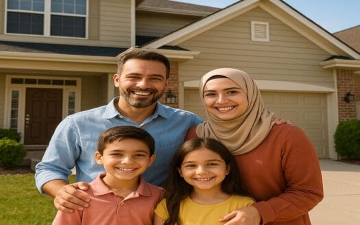 عائلة سورية سعيدة مكونة من أب وأم وطفلين تقف أمام منزل جديد بواجهة حديثة وحديقة صغيرة